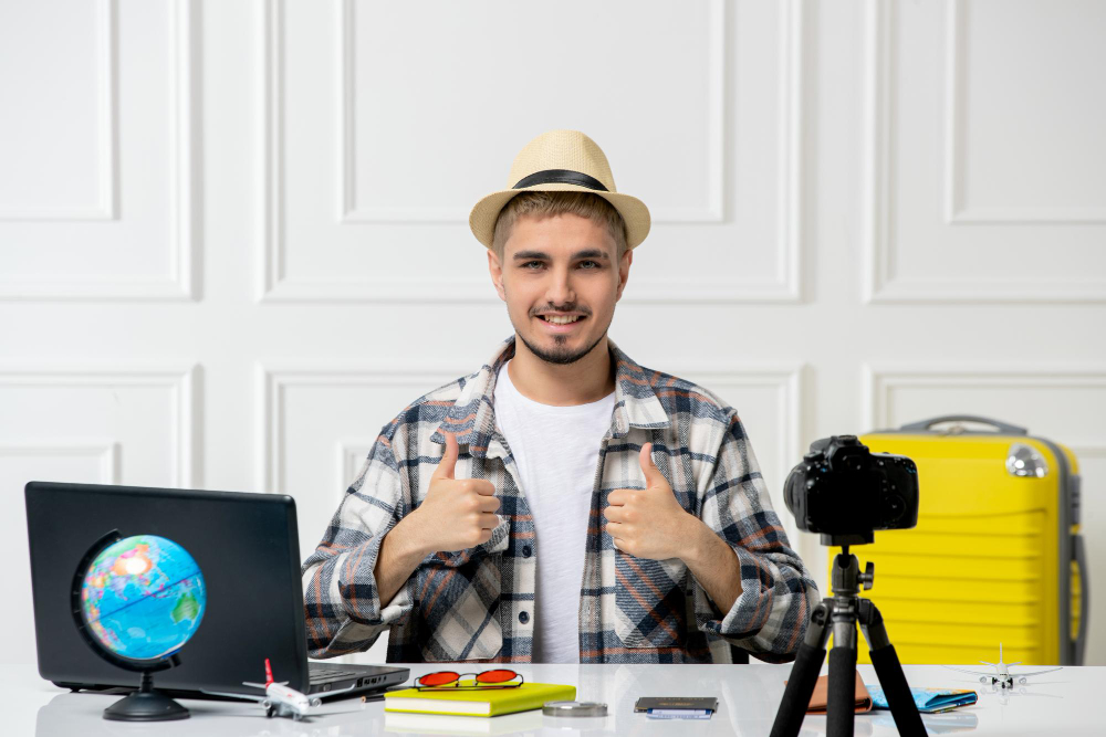 travel blogger handsome young guy recording trip vlog camera with yellow luggage confident