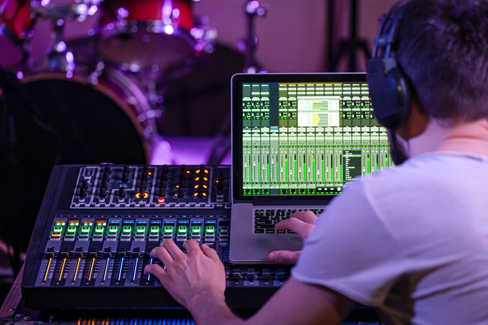 O que é preciso saber antes de contratar um estúdio de áudio? 2 digital mixer recording studio with computer recording music background sound engineer work concept creativity show business