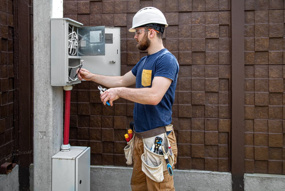 Como solicitar instalação residencial Enel? 4 electrician builder work examines cable connection electrical line fuselage industrial switchboard professional overalls with electrician s tool