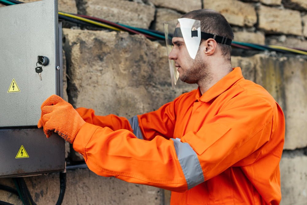 Como solicitar instalação residencial Enel? 2 side view electrician uniform with protective gloves face shield
