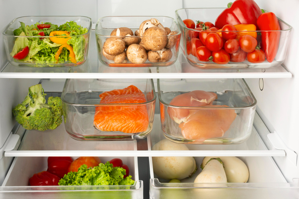 disposicao de diferentes alimentos organizados na geladeira